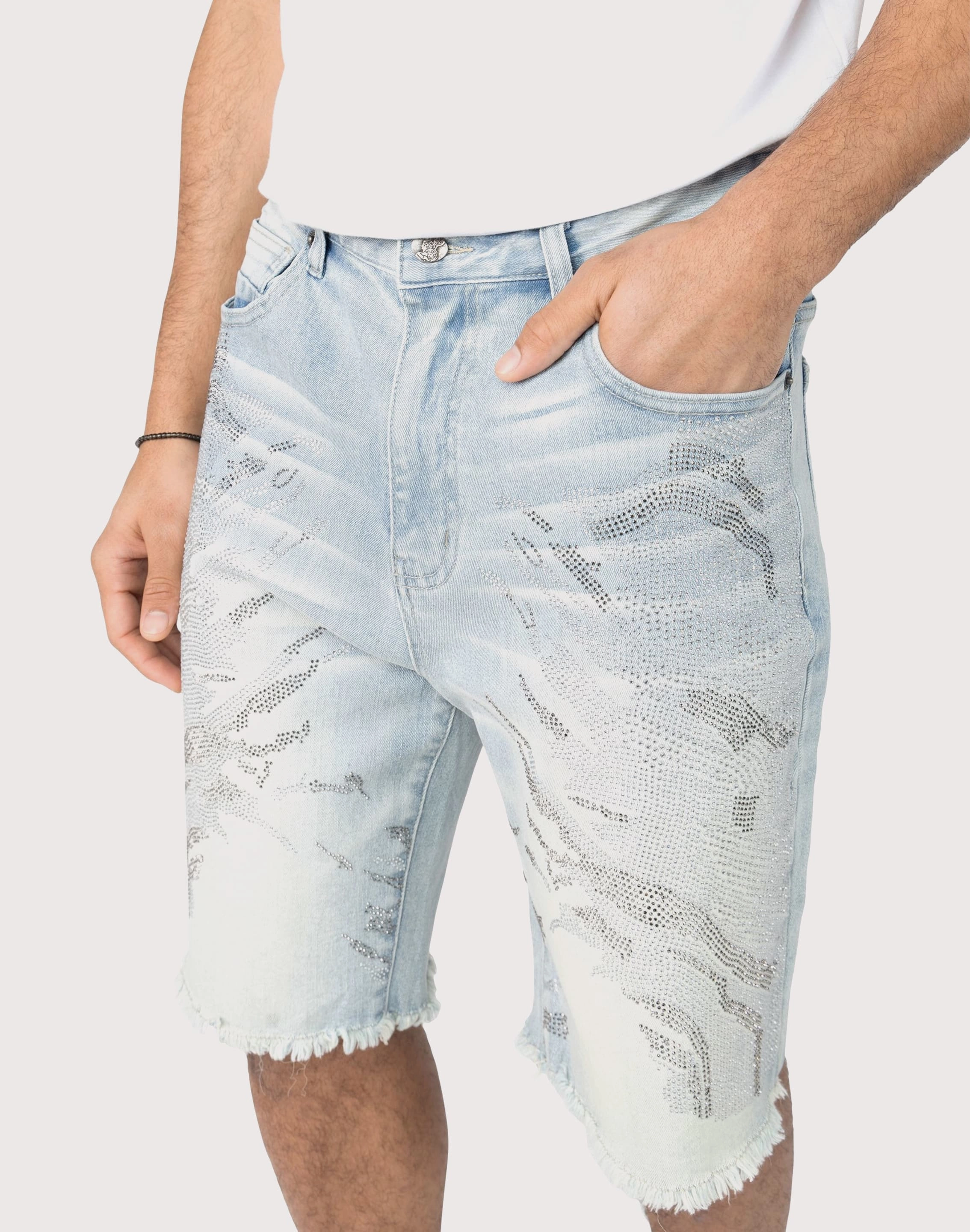 perforated design Grindhouse Rhinestone Denim Shorts