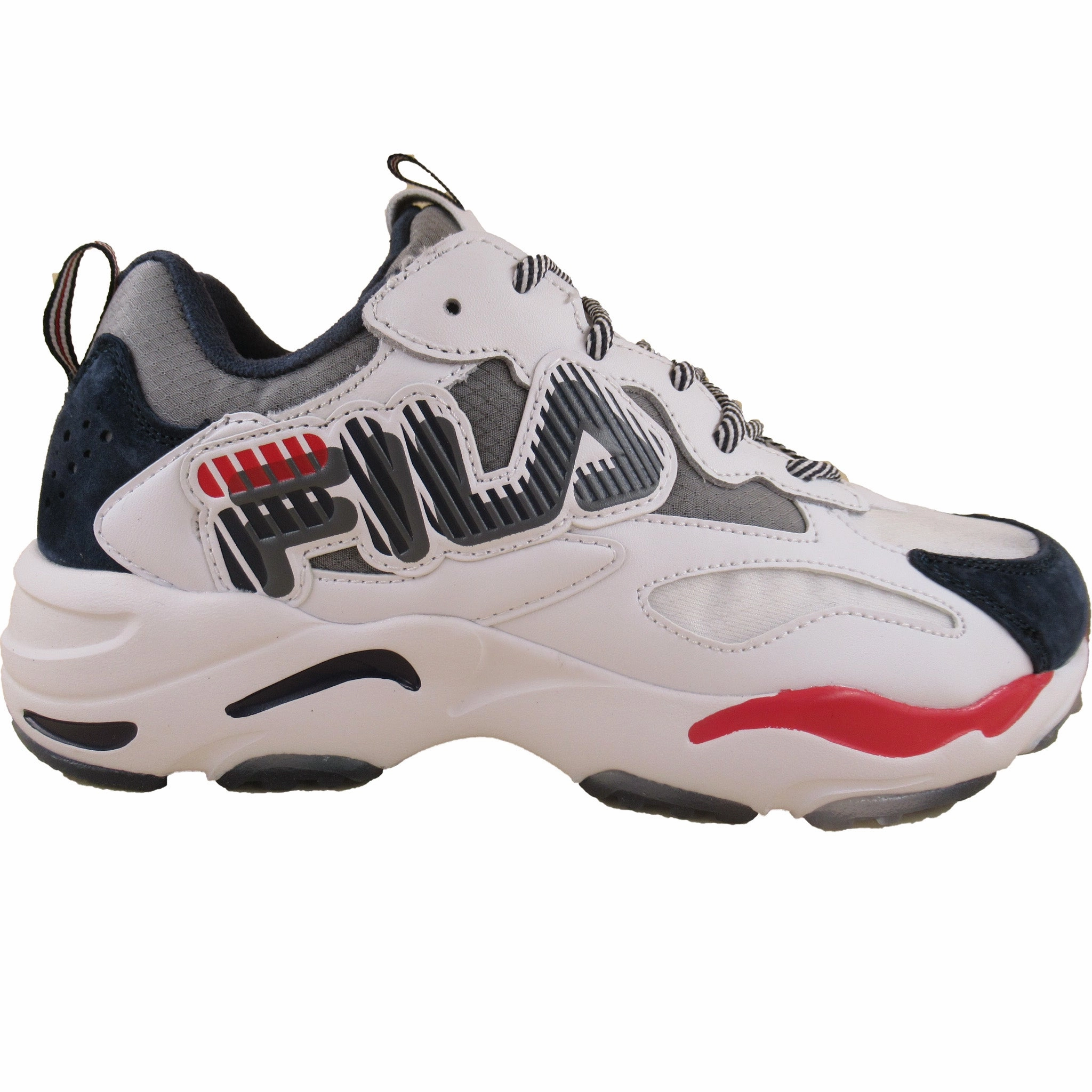 Structured performance Sculpted cushioning Fila Men's Ray Tracer Graphic White Navy Red Casual Shoes