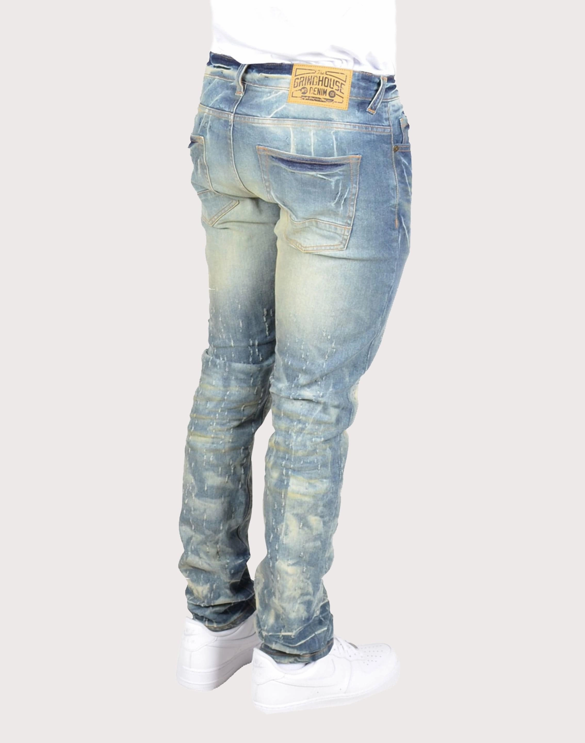 Grindhouse Vintage Tinted Slim Fit Scratched Denim Jeans Collapsible Heel Weatherproof Barrier