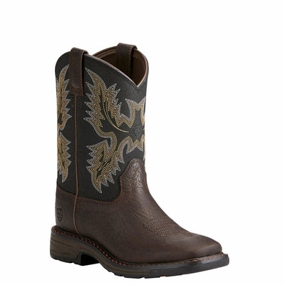 Ariat? Children's Workhog Wide Square Toe Brown & Black Boots 10021452 Mud Resistant Backcountry Camper Modern Utility