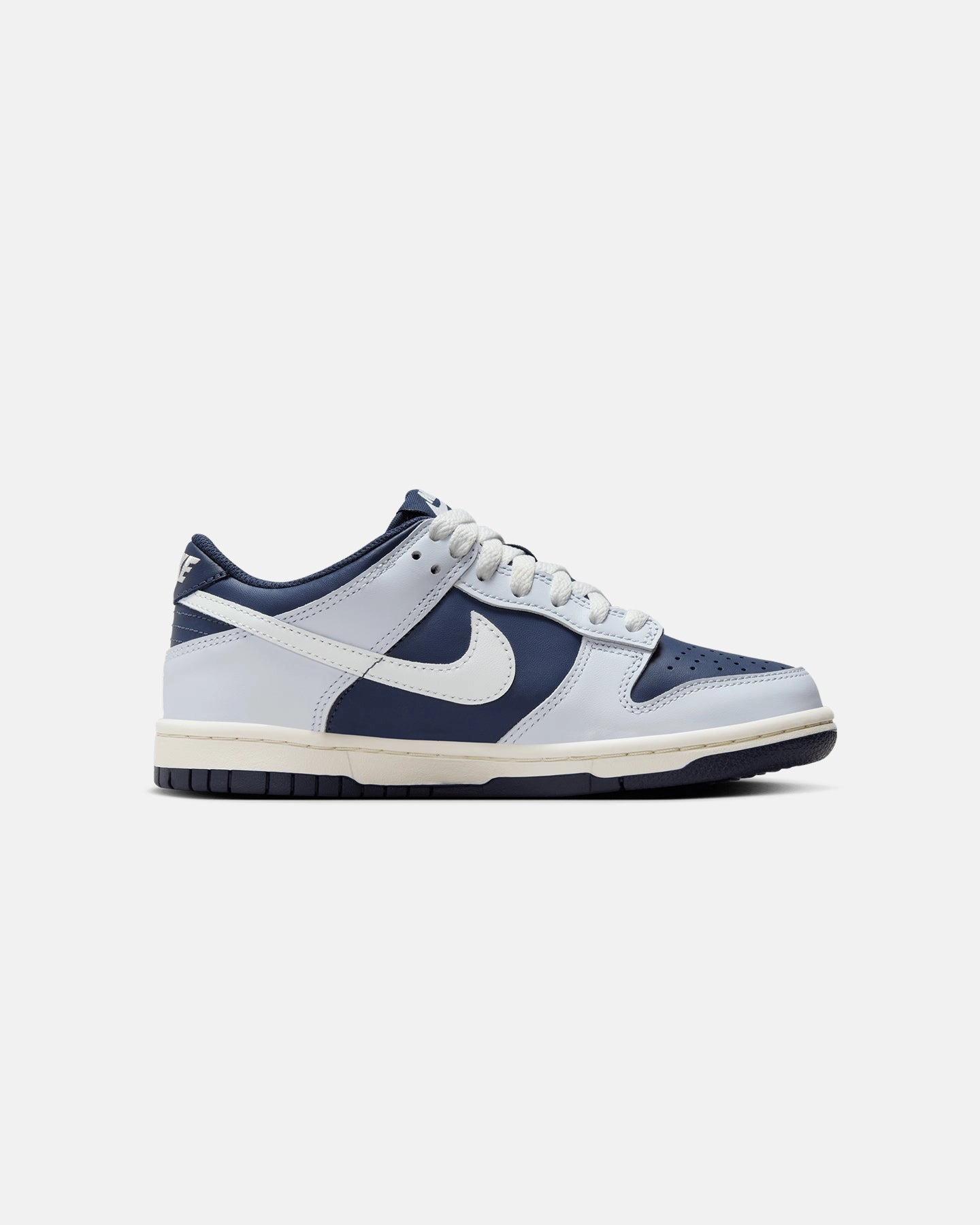 Stretch Comfort Pull On Design Nike Kids' Dunk Low BG (GS) Football Grey/Summit White/Midnight Navy