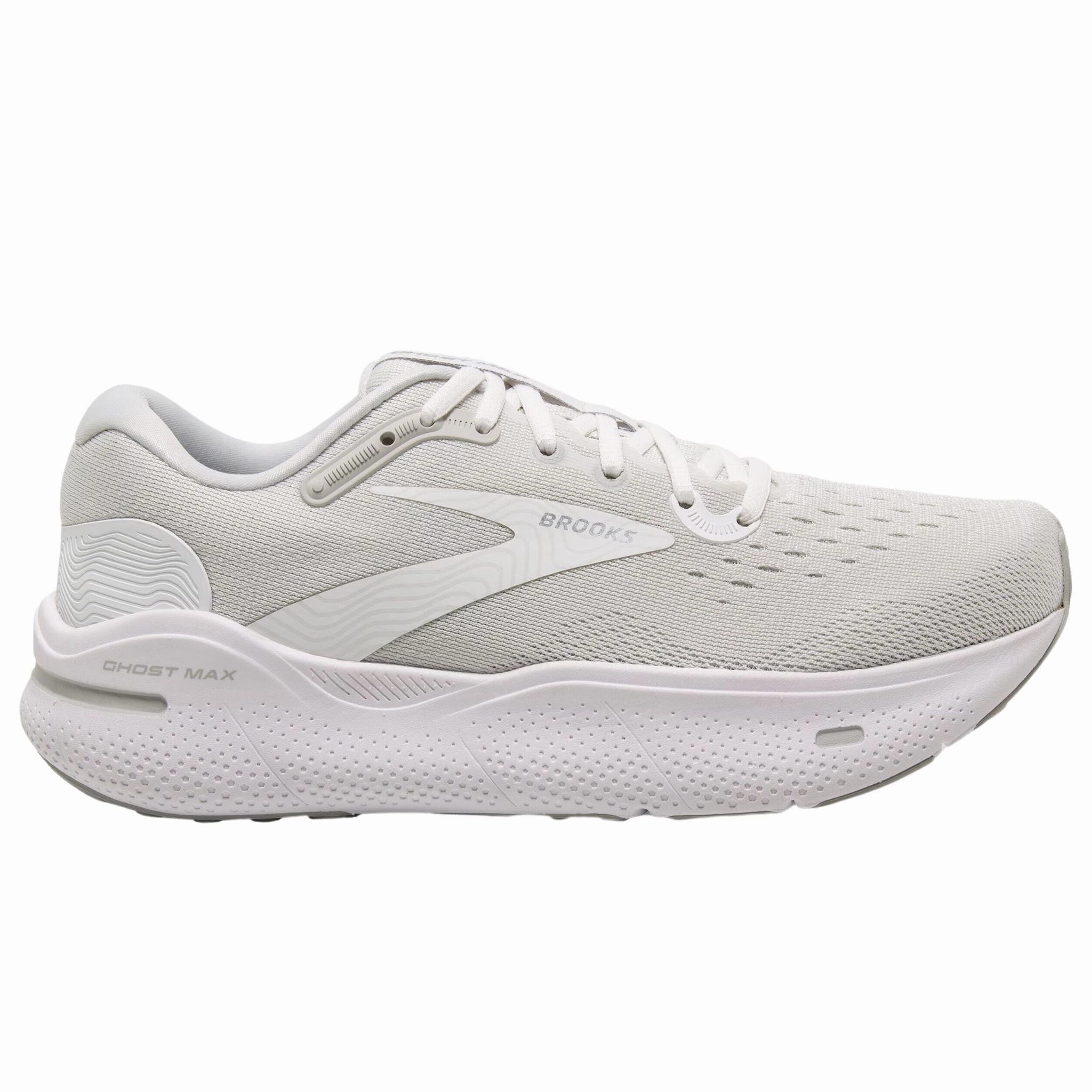 Brooks Men's 110406 124 Ghost Max White Oyster Metallic Silver Cushion Running Shoes Balanced Ride Ergonomic Shape