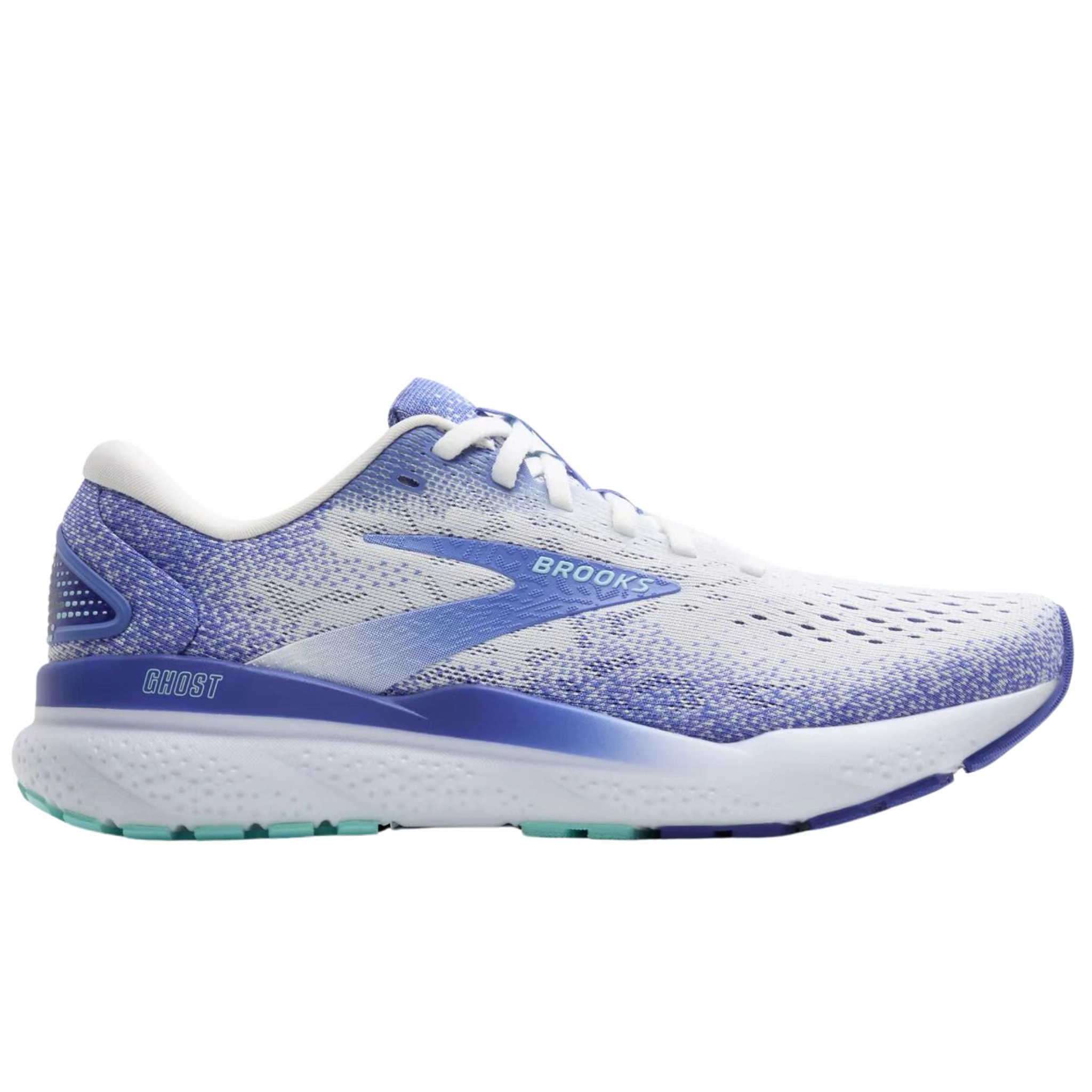Brooks Women's 120407 152 Ghost 16 White Amparo Blue Limpet Shell Cushion Support Running Shoes Youth Style Seamless Knit Body