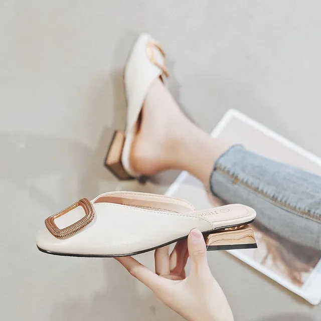 Bright Designer Women Pumps Slippers Slip on Mules Low Heel Casual Shoes British Wooden Block Heels Summer Pumps Footwear