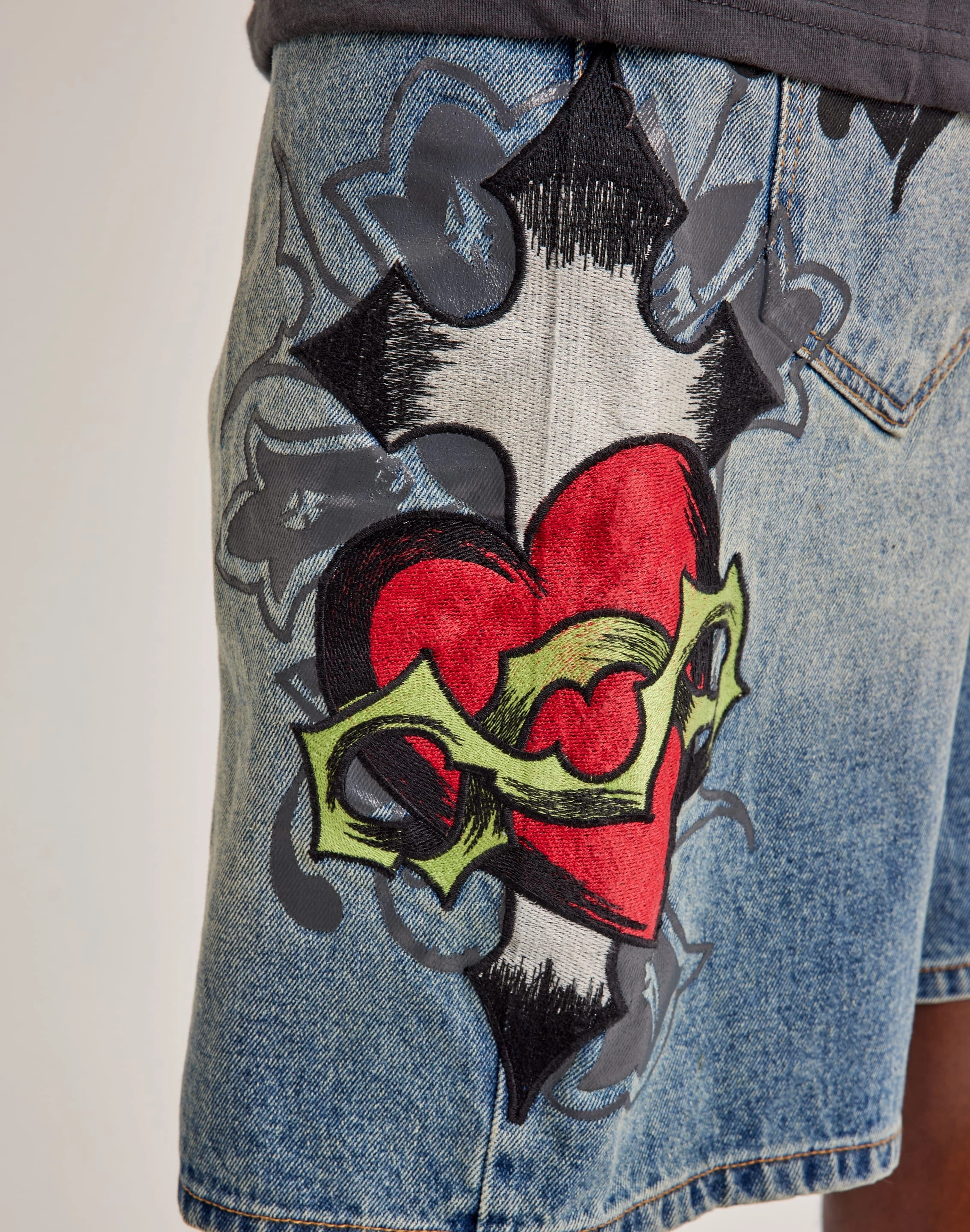 Ed Hardy Sacred Heart Denim Shorts Handcrafted Stitching Details Asymmetric Lacing