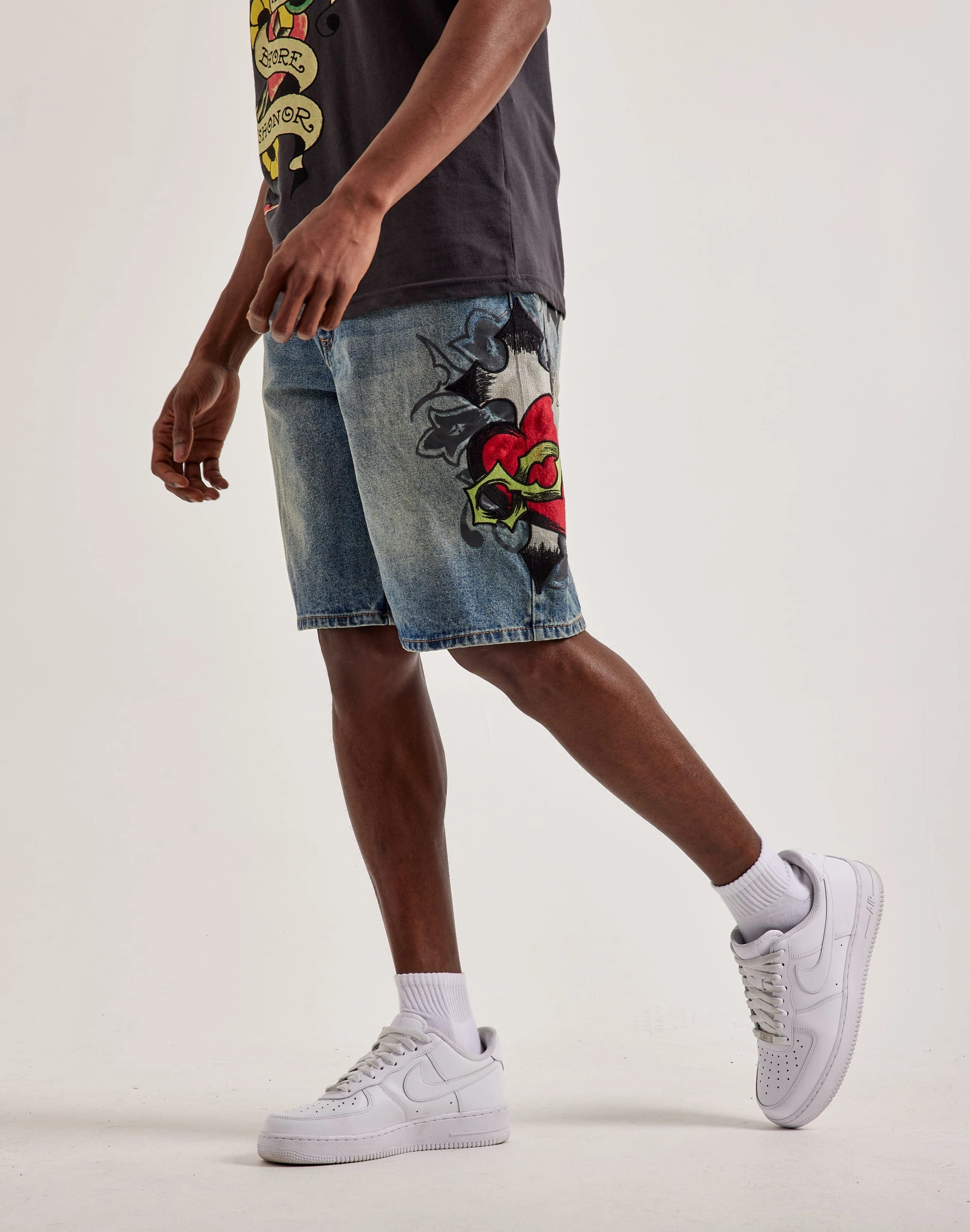 Anti Odor Treatment Effortless support Ed Hardy Sacred Heart Denim Shorts