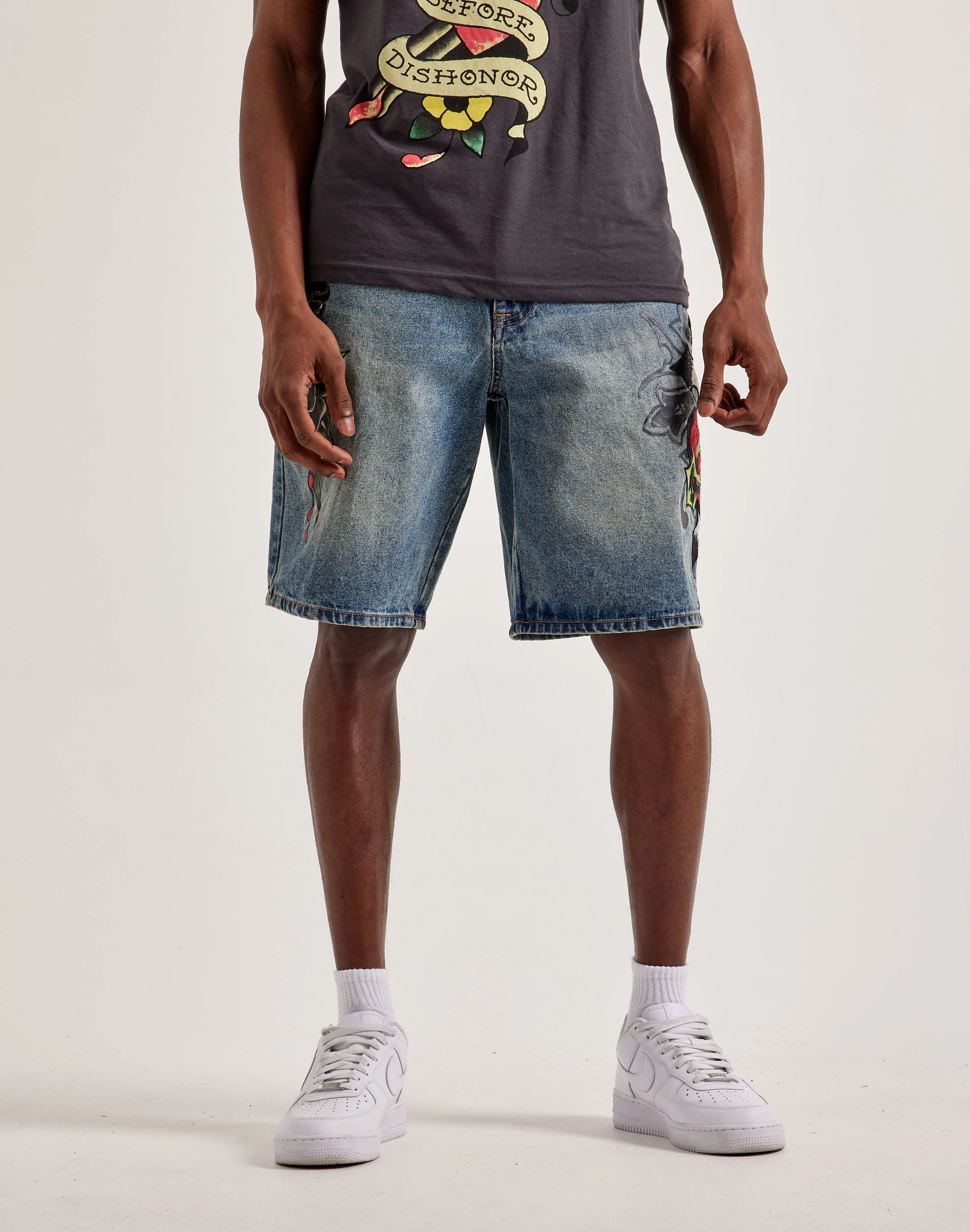 Ed Hardy Sacred Heart Denim Shorts All Terrain Grip Asymmetric Lace Configuration