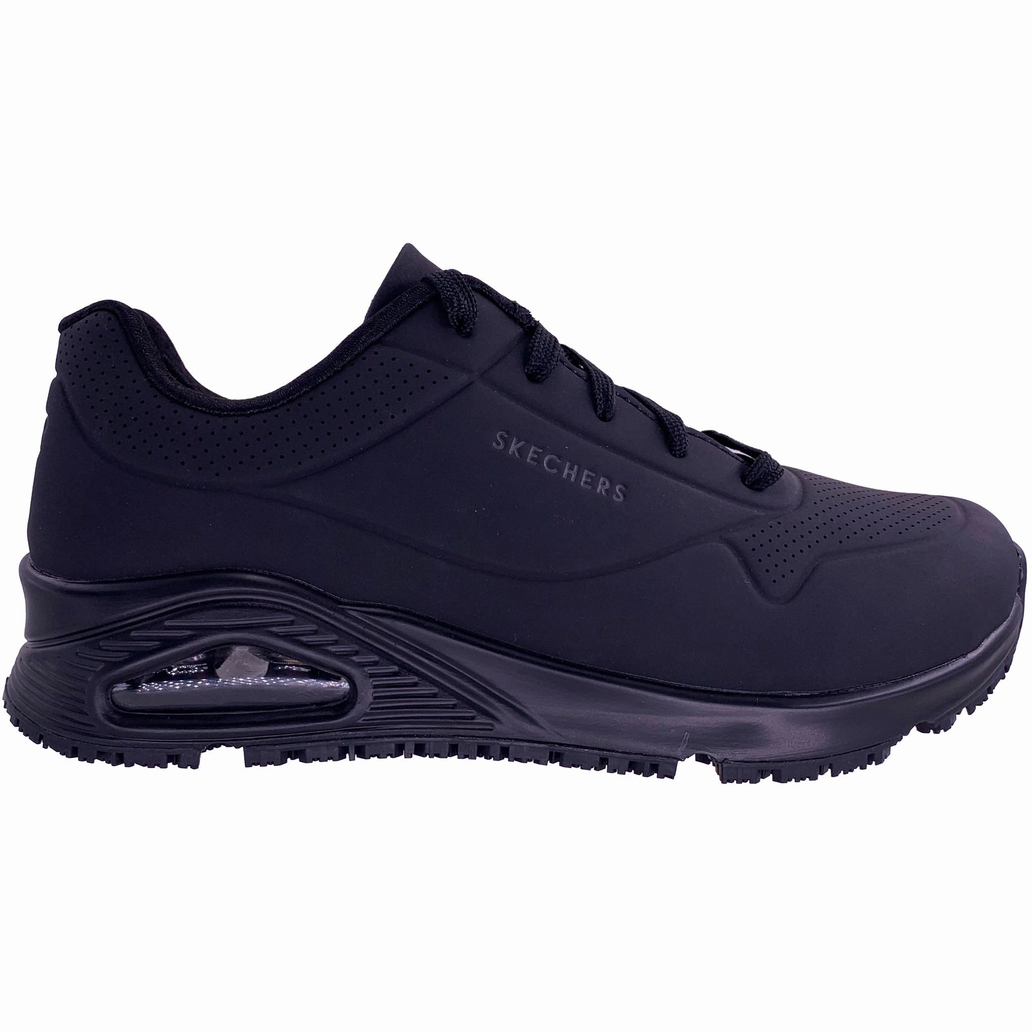 Skechers Men's 200054 Uno SR Satal Slip Resistant Black Work Shoes Gel Infused Layer Cushioning Pods