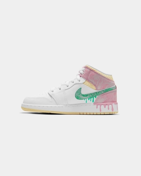 On The Go Shock Absorbing Foam Jordan Kid's Air Jordan 1 Mid SE "Ice Cream Drip" (GS) White/Green Glow/Arctic Punch
