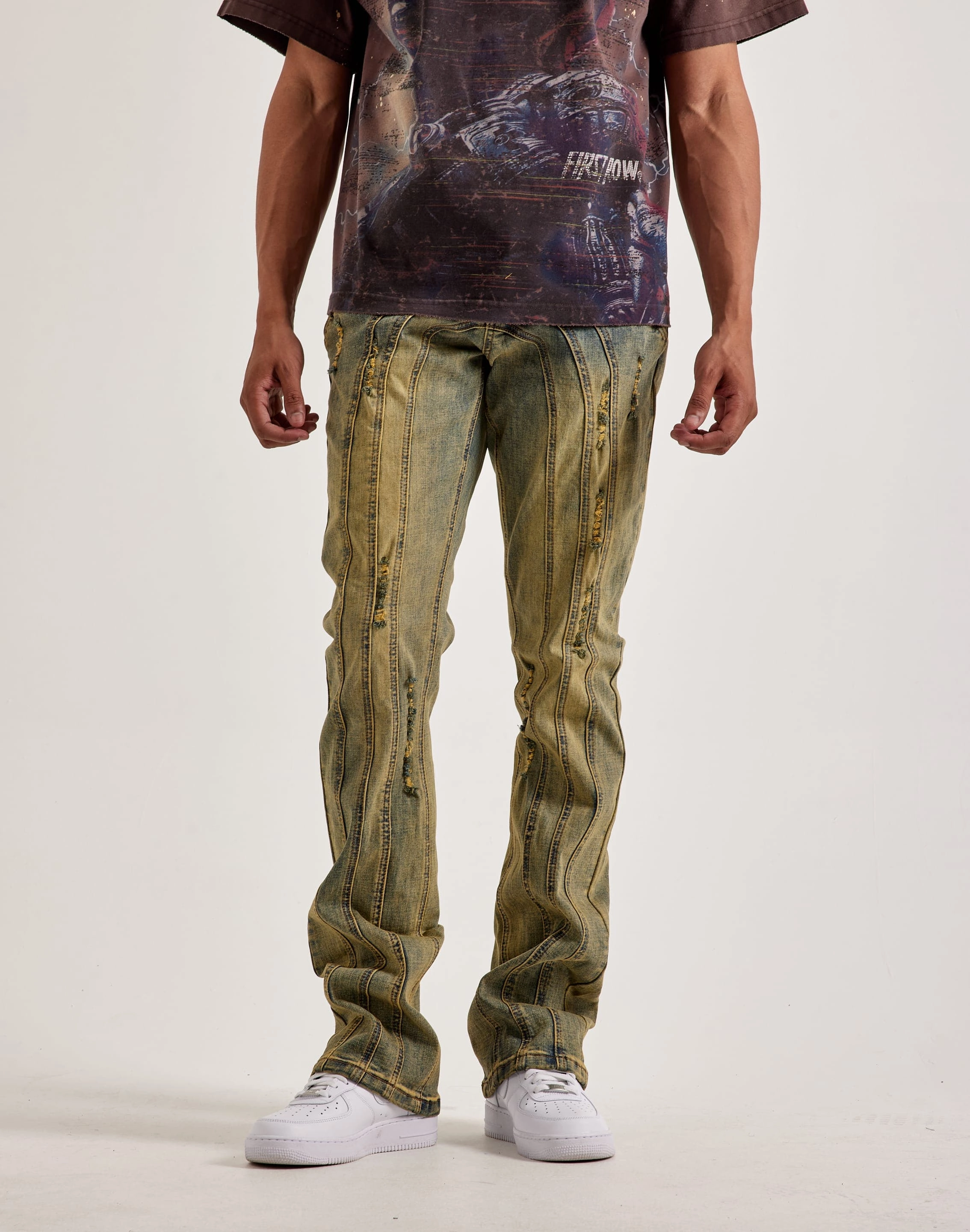 Kilogram Centric Moto Stacked Flare Jeans Layered silhouette strap - on style