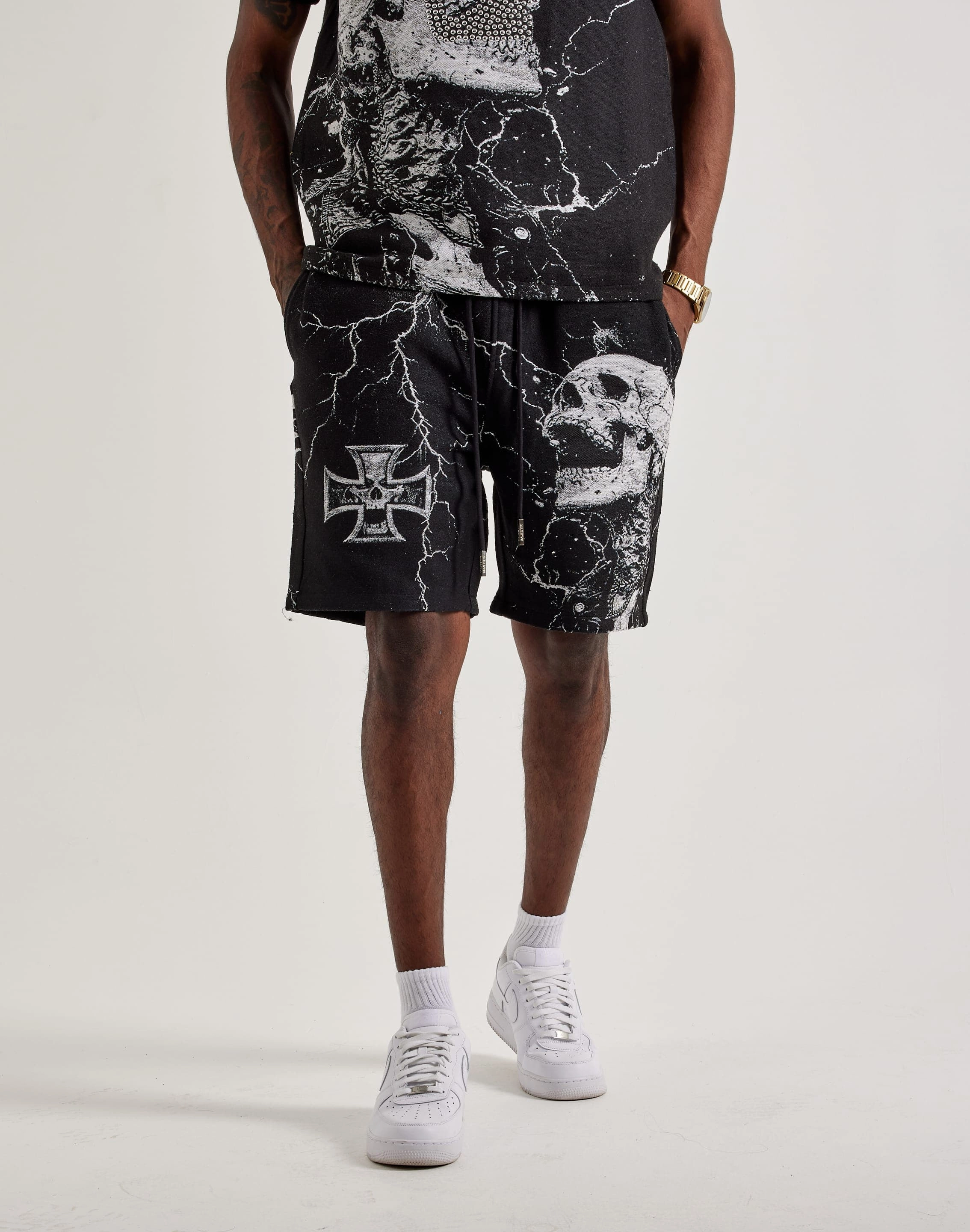 Majestik Skull Tapestry Shorts Asymmetric Lace Configuration