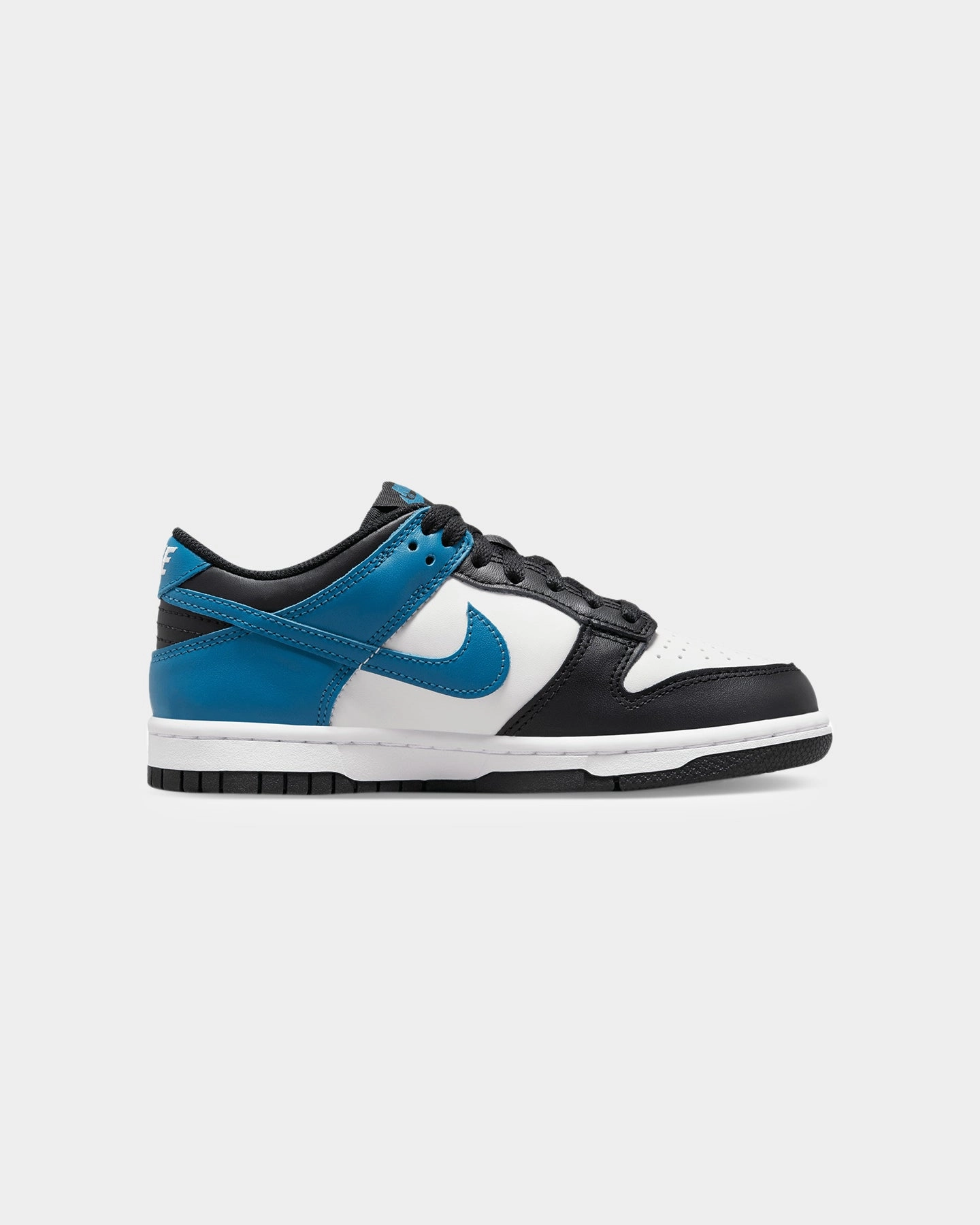 Comfortable Arch Area Nike Kids' Dunk Low (GS) "Black White Blue" Summit White/Indigo
