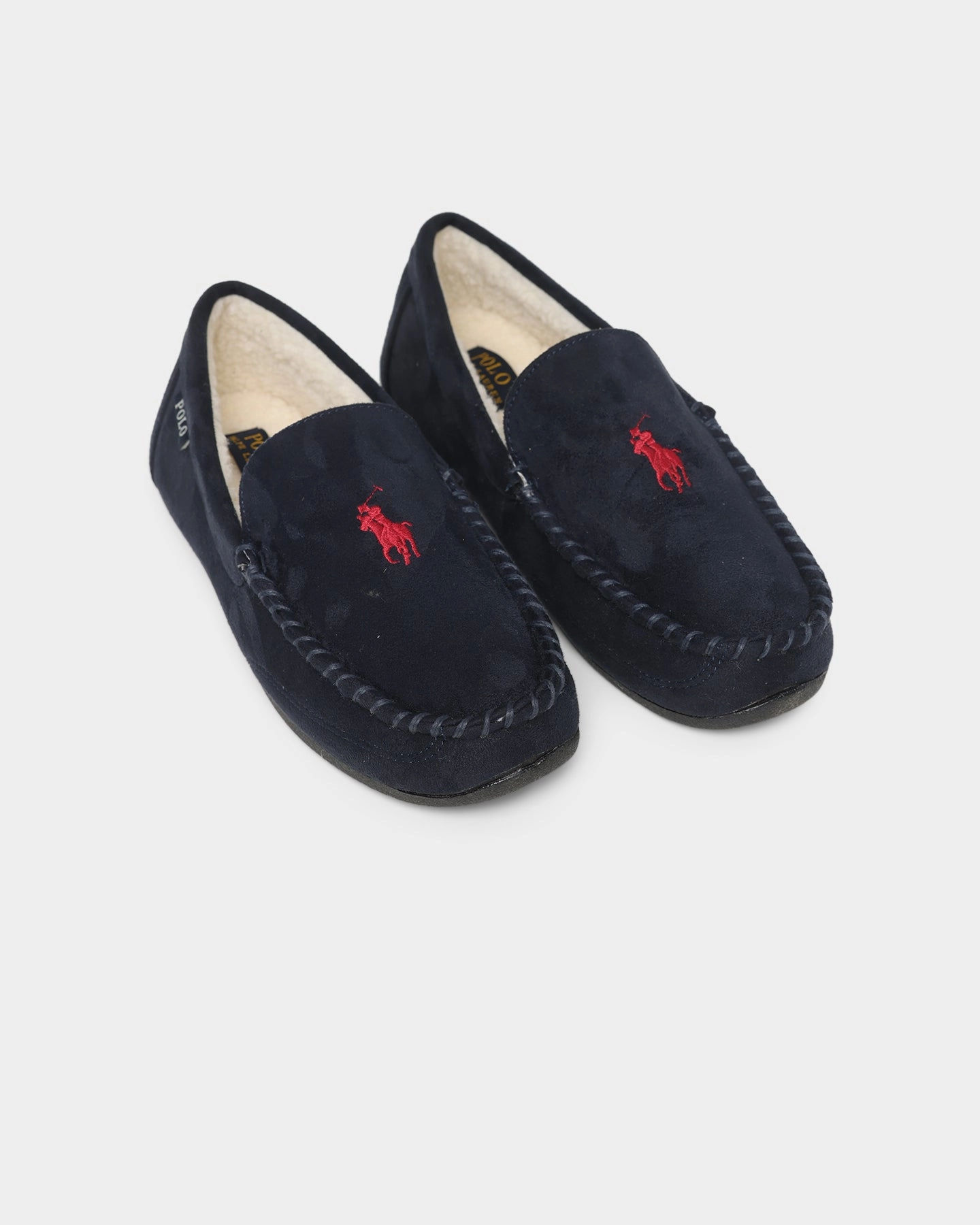 Polo Ralph Lauren Declan Slippers Navy Shearling Tension Balanced Lacing Ultra Cushion Padding