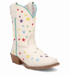 Dan Post Starlett - Girl's White and Multi-Colored Star Cowgirl Boots DPC4005 Mud Resistant Rainy Days Fashion Accessory