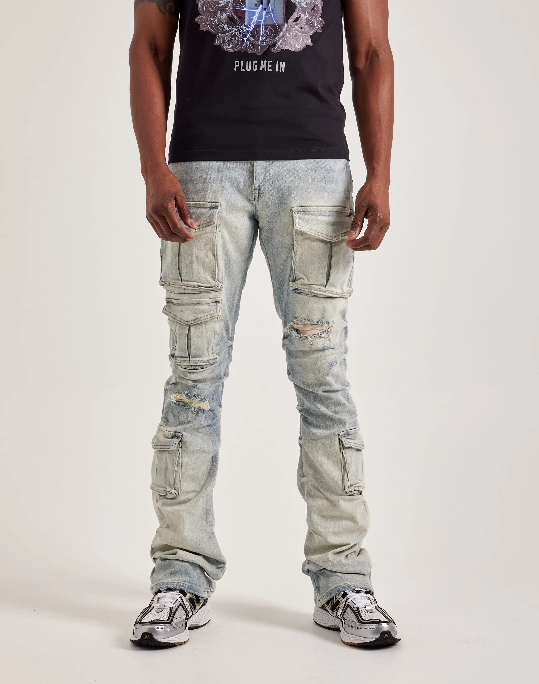 Lace-up Padded Collar Construction Smoke Rise Utility Pocket Stacked Flare Denim Jeans