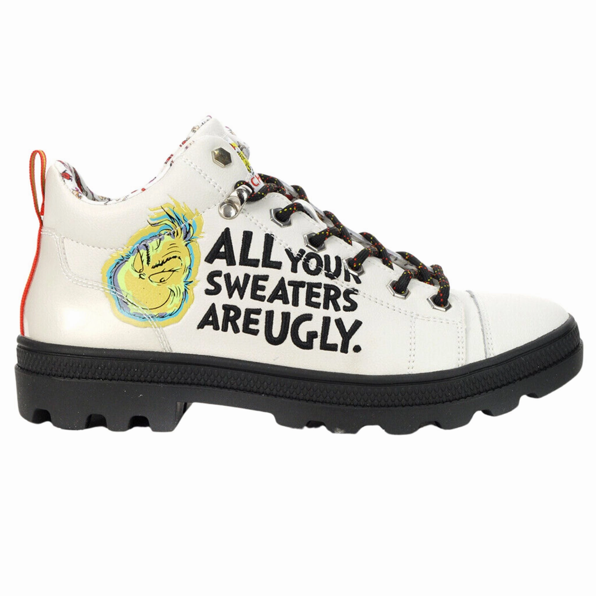 Thermal Regulating Insole Padded materials Skechers Women's 155277 Dr Seuss The Grinch Roadies Ugly Sweater Christmas White Black Casual Boots