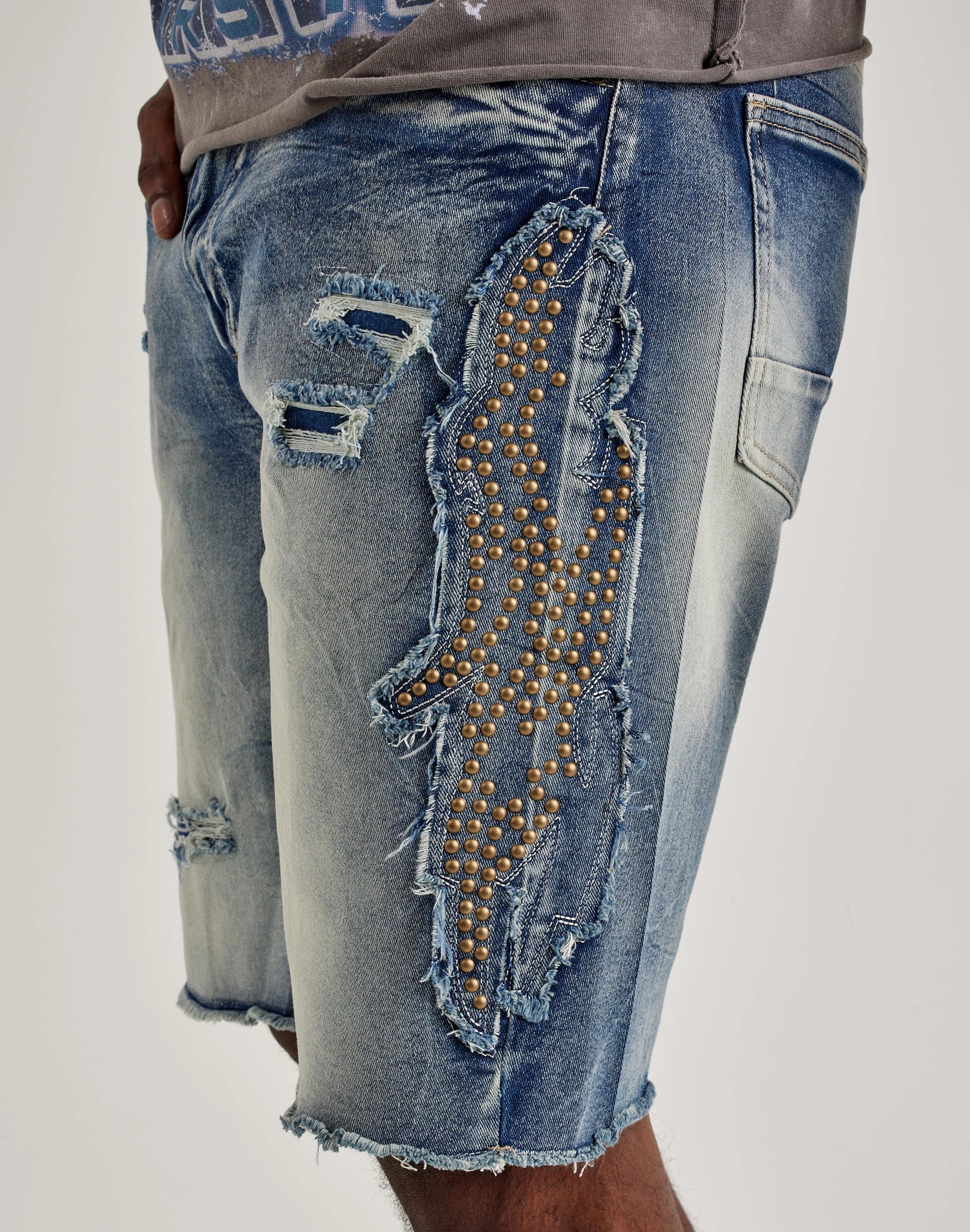 Smoke Rise Studded Patch Denim Shorts Adjustable Fastening