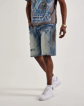 Zip - up Smoke Rise Studded Patch Denim Shorts