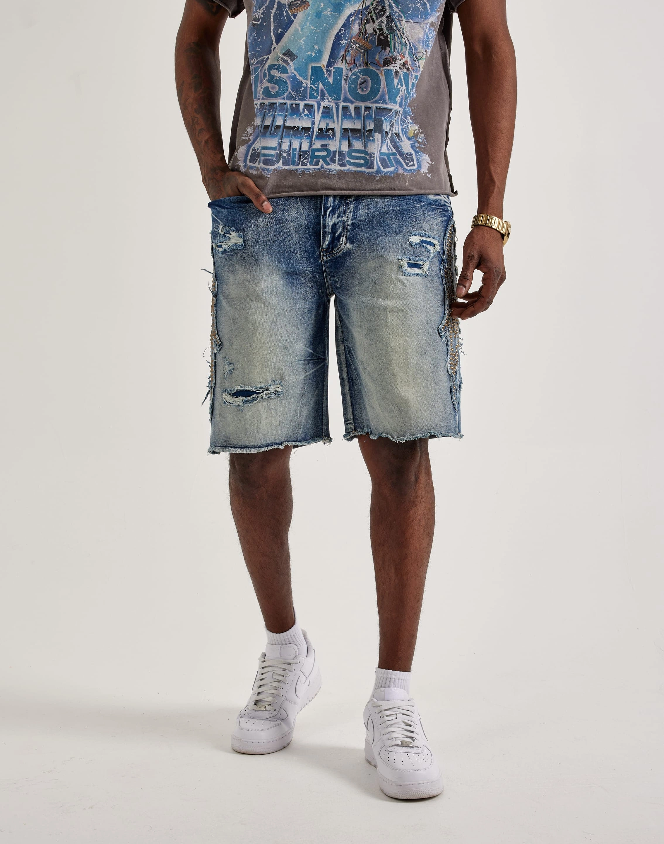 Non Chafing Collar Smoke Rise Studded Patch Denim Shorts