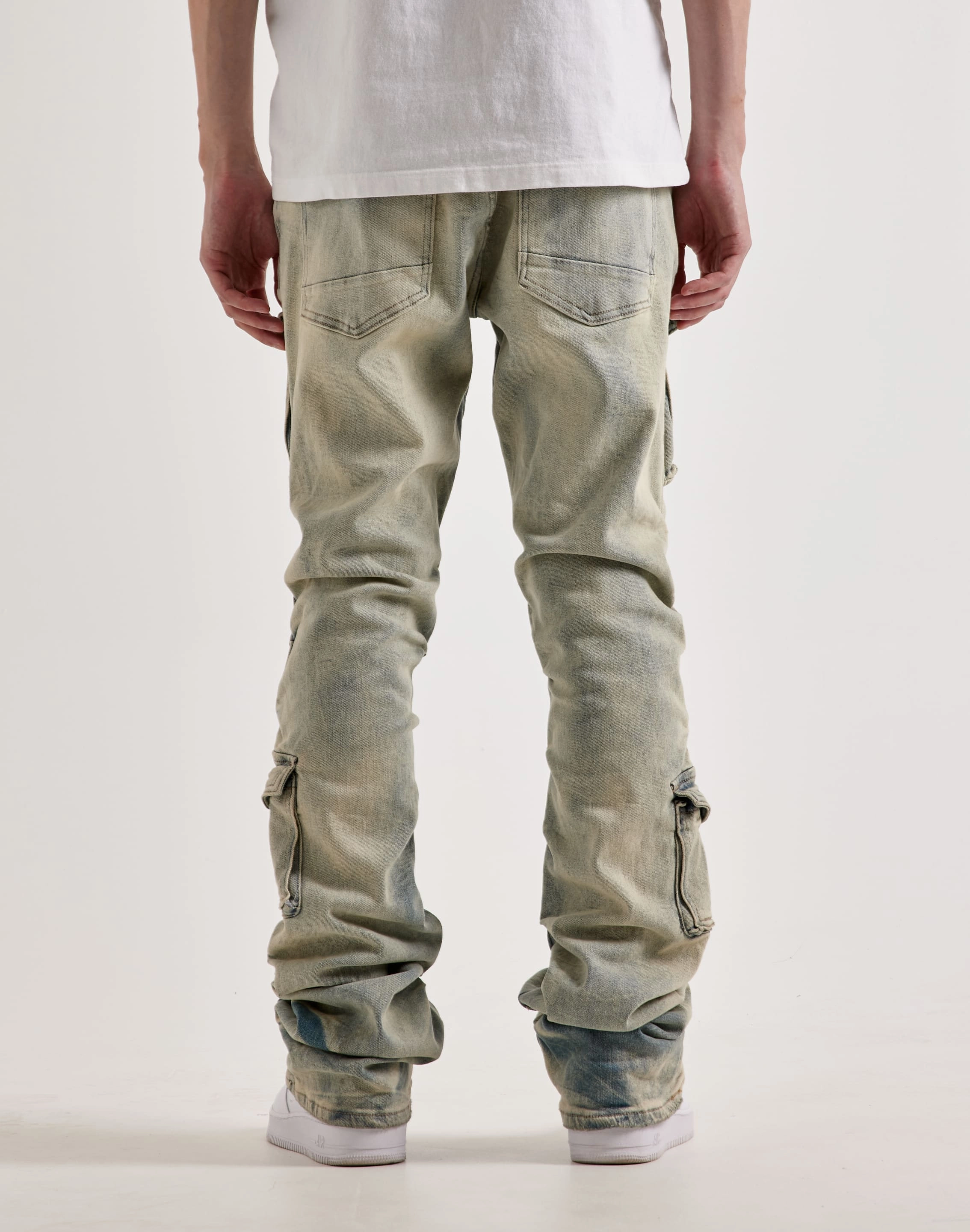 Multi-Purpose Smoke Rise Utility Pocket Stacked Flare Denim Jeans