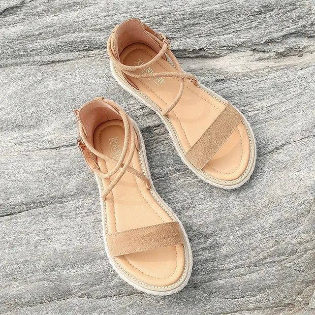 Women Faux Suede Sandals  Fashion Summer Shoes Woman Flat Sandals Rope Lace Up Gladiator Sandals Non-slip Beach Chaussures Femme Athletic Performance Dynamic look