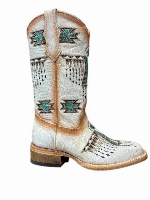 Anti-static Gold Shine T0223 Kids  Corral Boots White With Turquoise Embroidery