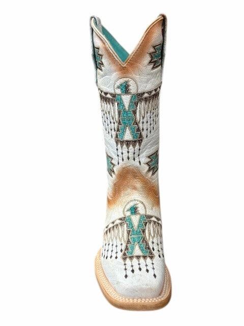 T0223 Kids  Corral Boots White With Turquoise Embroidery Low Profile Urban Commute Padded Interior Outdoor Explorer