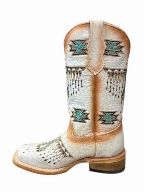 Daily Movement Quick Slip T0223 Kids  Corral Boots White With Turquoise Embroidery
