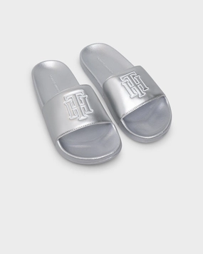 Tommy Jeans Women's Mono Metallic Pool Slides Silver Modern sole