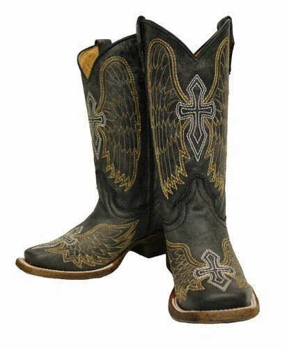 Quick Drying Cold Weather Commuter Premium Leather Upgrade YOUTH CORRAL SQUARE TOE DISTRESSED CROSS AND WINGS BOOT A1032
